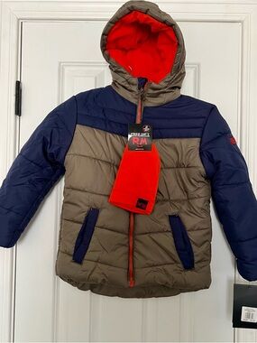 Colorblock Hooded Puffer Jacket in Olive, Navy & Red for Kids